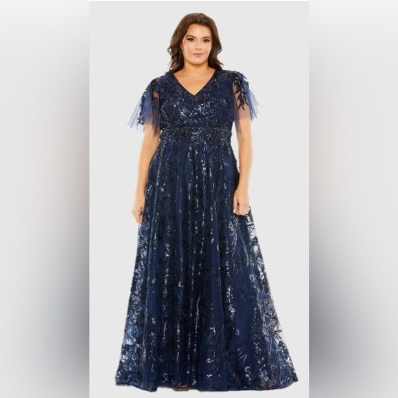 Mac Duggal 20469 NWT Navy High Neck Flutter Sleeve Embellished A-Line Gown - Picture 1 of 11